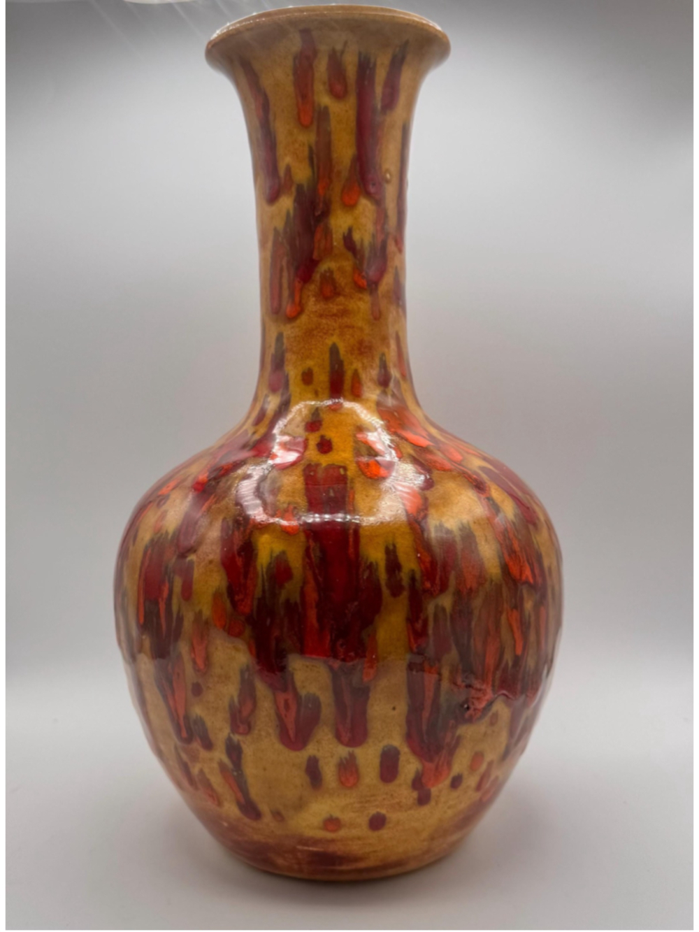 Vintage 1976 Drip Glaze Pottery Vase – Mid Century Oxblood Ceramic 16” Tall